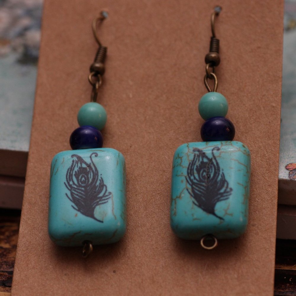 Blue feather handmade earrings